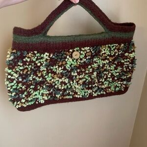 Handmade Soft Bubble Felted Wool Purse Hand Bag Green Browns Bohemian Granny